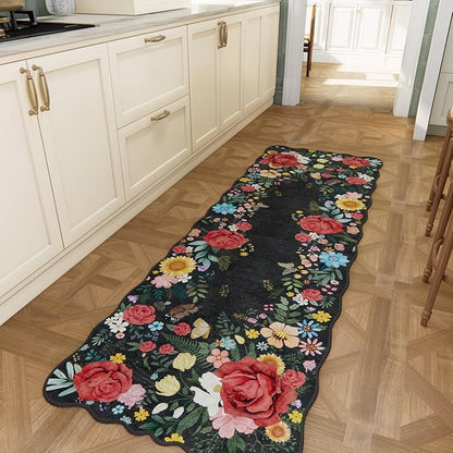 Kitchen Rug Runners for Hallways: 2'6''x8' Washable Runner Rugs for Kitchen Ultra Thin Stain Resistant Non Slip Low Pile Lightweight Vintage Floral Carpet for Laundry Room Decor (Black)