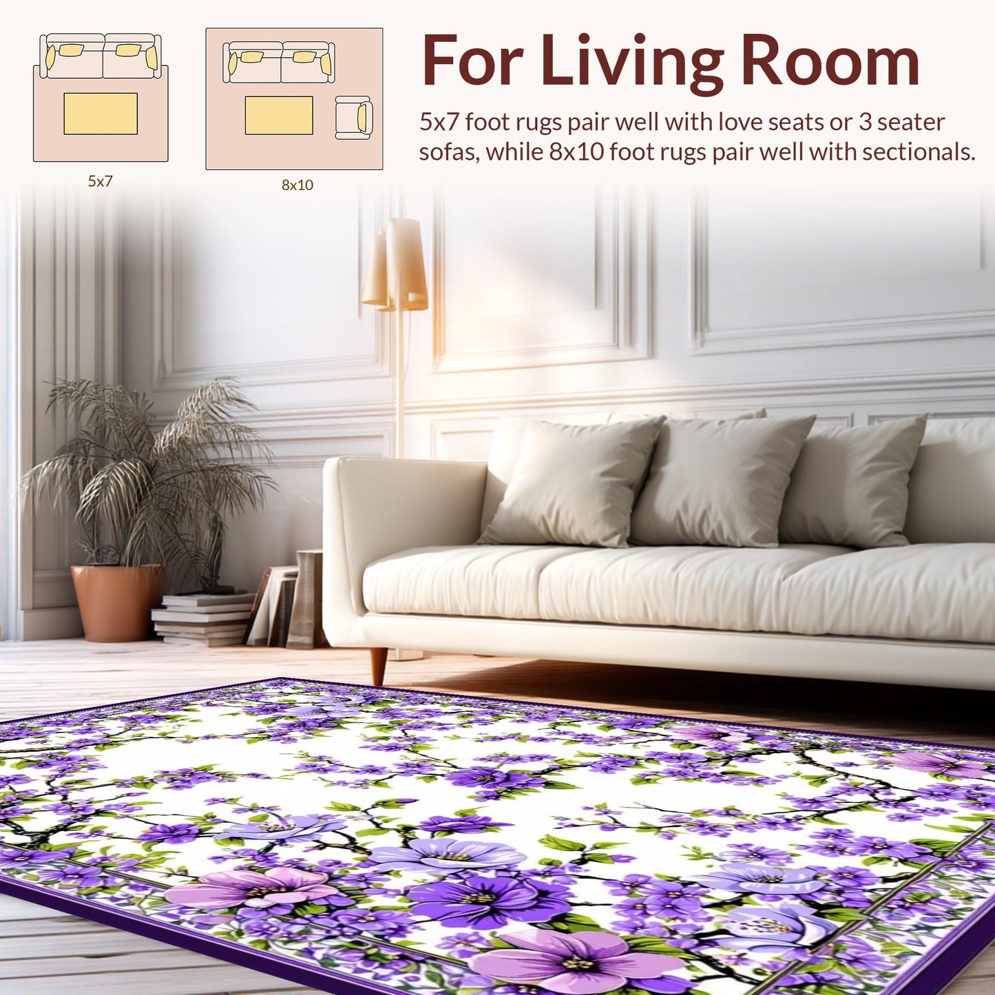 ODIKA Flatwoven High Traffic Area Rug 8x10, Vivid Pastoral Leaf Motif, Non Slip, Stain Resistant, Washable Area Rugs for Living Room, Bedroom (Purple, 8x10)