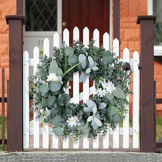 Door Wreath Green Eucalyptus for Front Door Wreaths Spring Summer Wreath Artificial Leaves Wreaths for All Season Home Farmhouse Porch Year Round Outdoor Wall Decorating,20 Inch