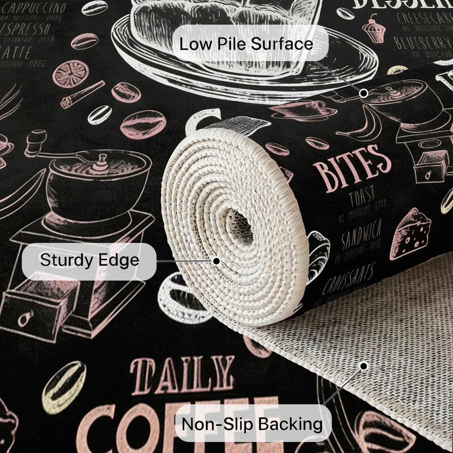 Egljss 5ft Round Rug Non Slip, Coffee Bean Bread Round Carpet for Living Room, Black and White Circle Area Rugs for Bedroom, Coffee Cup Circle Rug Washable for Dining Table Kitchen