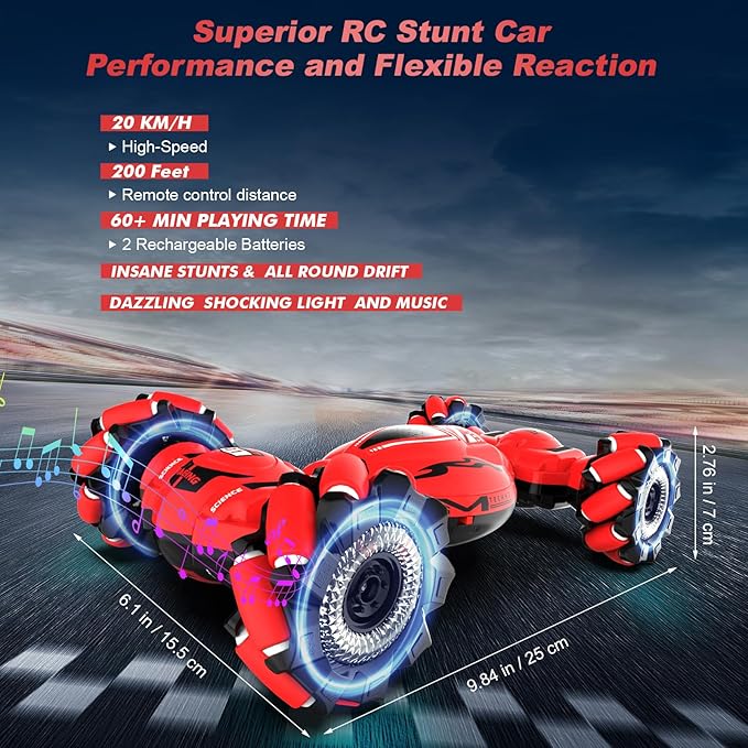 RC Car Toys for Boys Girls 6-12 Birthday Xmas Gifts for 6 7 8 9 10 11 12 Years Old Gesture Sensing RC Stunt Car with Lights Music 2.4GHz 4WD Hand Remote Control 360° Rotate All-Round Drift