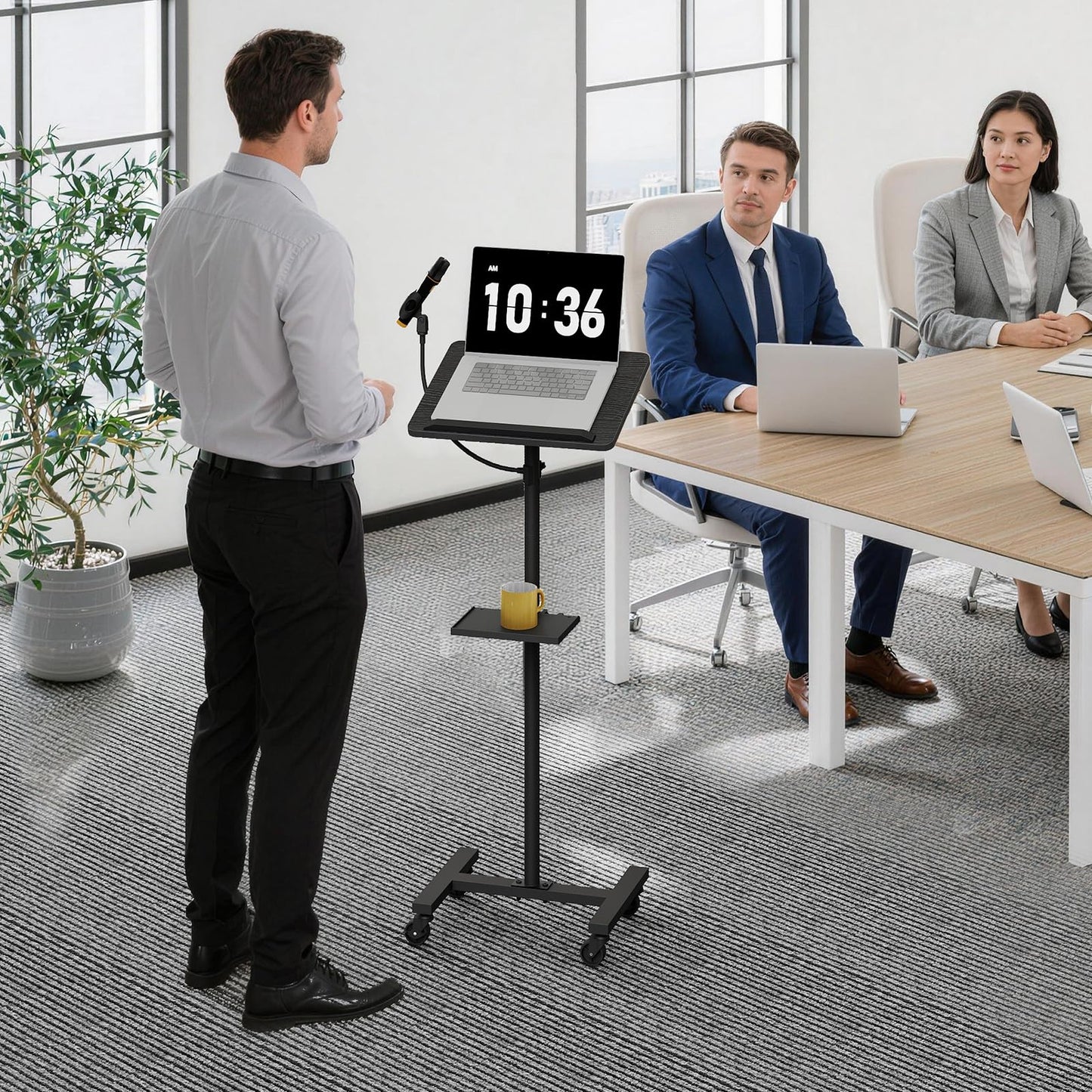 MAHANCRIS Podium Stand with Microphone Stand, Standing Desk and Laptop Desk with Storage Tray, 28.9-42.7 Inch Adjustable Height Portable Lectern for Classroom, Conference Room, Black LPBK4001