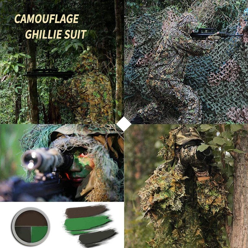 Monfasye Ghillie Suit, 3D Leafy Camo Hunting Suits Breathable Woodland Gillies Costume Jungle Clothing