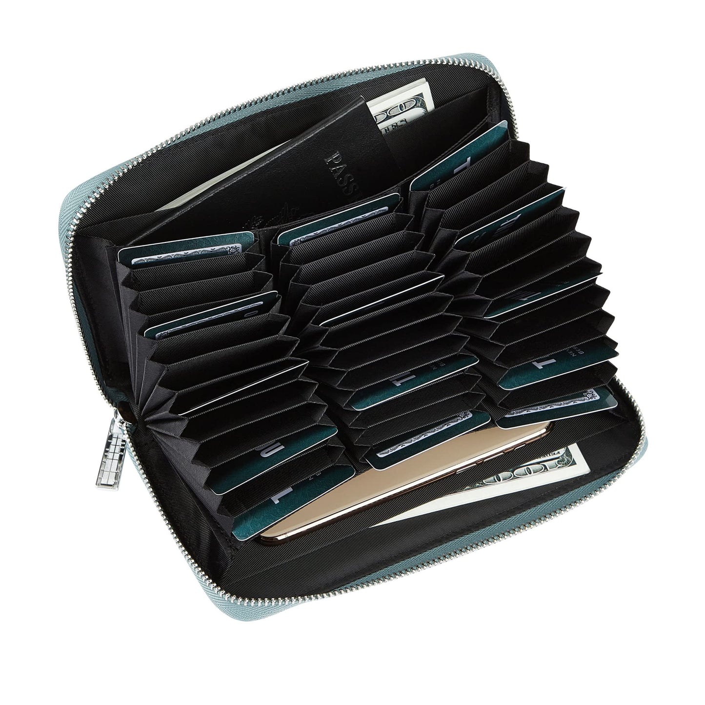 Cynure Women 36 Slots RFID Blocking Card Holder Large Long Leather Zipper Organizer Accordion Wallet,Sky Blue