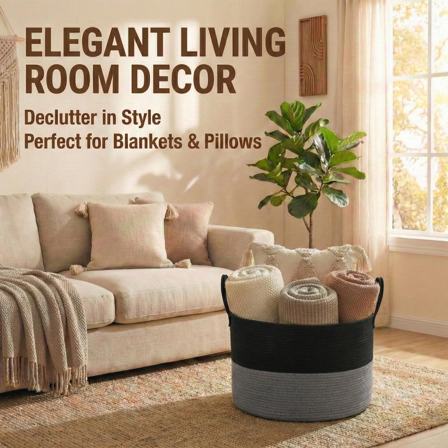 JMvicyroam 65L Extra Large Blanket Basket for Living Room - Woven Cotton Rope Laundry Hamper with Reinforced Handles - Storage Bin for Pillows, Comforters & Toys - Machine Washable,Black&Grey