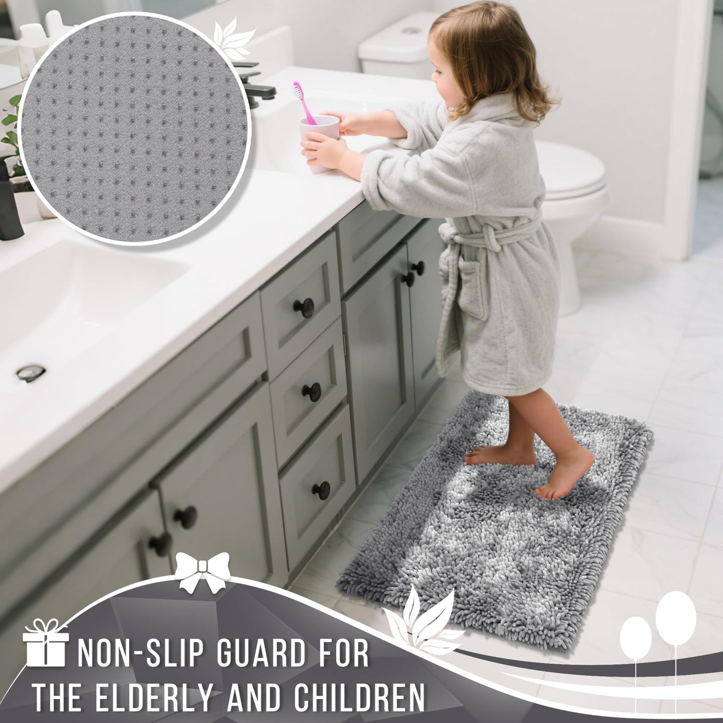 Yimobra Large Bathroom Rug Non Slip 36x24 Inch, Extra Thick Soft Absorbent Chenille Bath Mat, Machine Washable Bath Rugs for Bathroom Floor, Tub and Shower, Home Decor Accessories, Light Grey