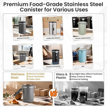 Veken Coffee Canister, Airtight Stainless Steel Kitchen Food Storage Container Holder for Beans, Ground, Tea, Flour, Cereal, Sugar, Espresso, Bar Accessories, Lids, Jars, Sealed Tin, Scoop,16OZ, Gray