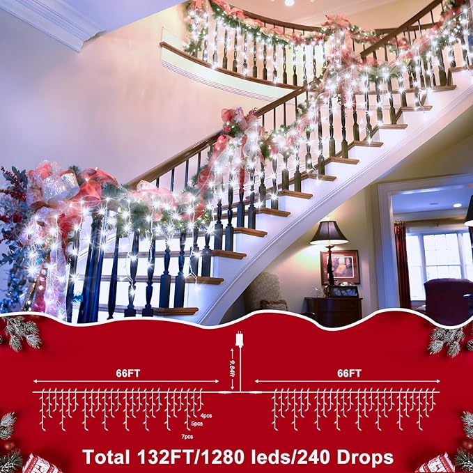 XURISEN 132ft Christmas Lights Decorations Outdoor, 1280 LED 8 Modes Fairy Lights with 240 Drops,Plug in Waterproof Timer Memory Function for Christmas Holiday Wedding Party Decorations(Cool White)