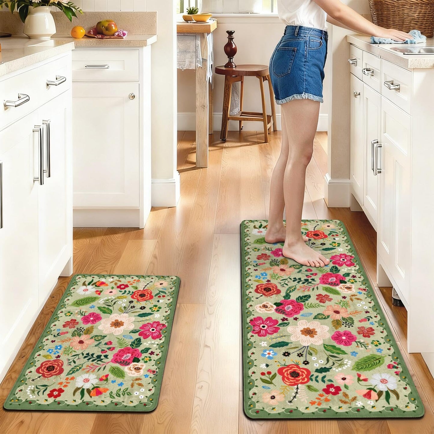 Boho Floral Anti Fatigue kitchen Rugs and Mats Non Slip Comfort Washable Waterproof Floor Kitchen decor Mat, Modern Farmhouse Bohemian rug Set of 2 for Home, Sink, Laundry, 17.3"x47"+17.3"x30"