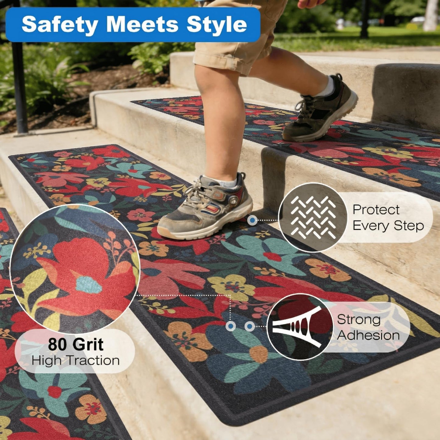 FUNMAT Outdoor Stair Treads Non-Slip, 8" X 30" - 12-Pack Weather Resistant Floral Grip Tape for Wooden Steps, Waterproof & Anti Skid High Traction Adhesive Step Strips for Stairs, Black