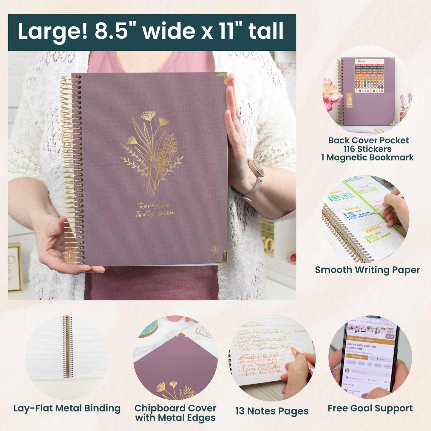 bloom daily planners HARDCOVER Planner 2026-2027 (8.5" x 11") Academic Year (July 2026 - July 2027) - 13 Months Task Goal Planner for Women - Monthly & Weekly Agenda Book - Purple Linen
