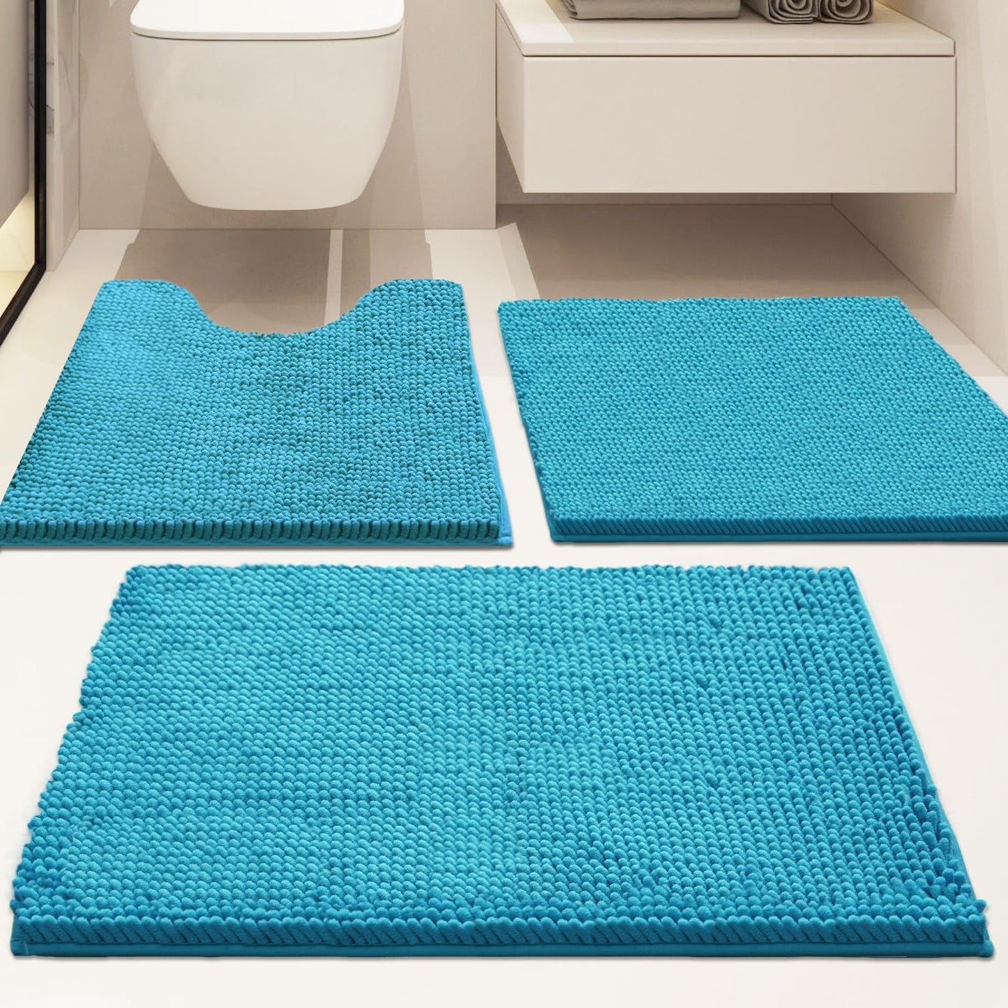 Bathroom Rugs Sets 3 Piece Non Slip,Bath Rugs with PVC Backing Bath Carpet,Bathroom Rug Washable,Absorbent,Plush Carpet Mats,Bath Mats for Bedroom, Kitchen,Tub,Home Decor (Turquoise)