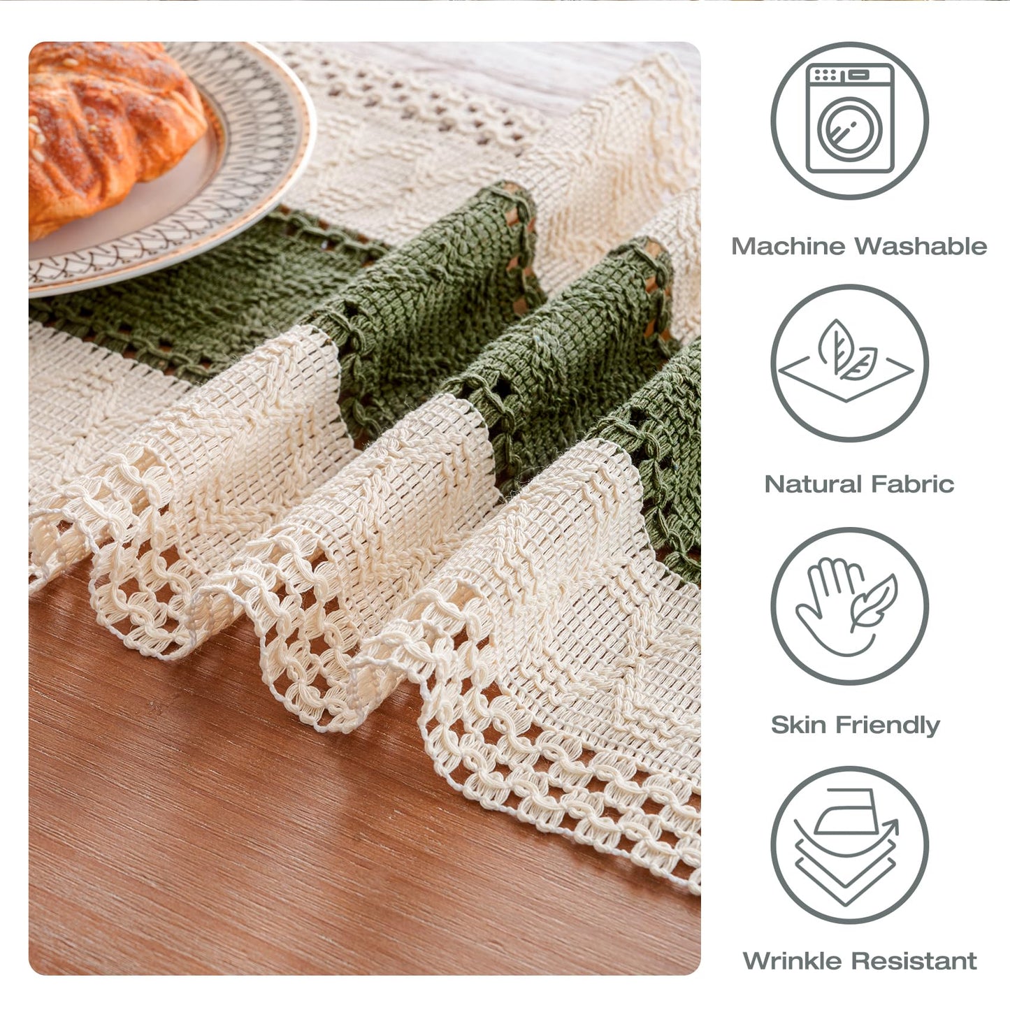 duduta Sage Green Spring Macrame Table Runner 72 inch Long, Farmhouse Boho Dresser Covers Coffee Table Decor