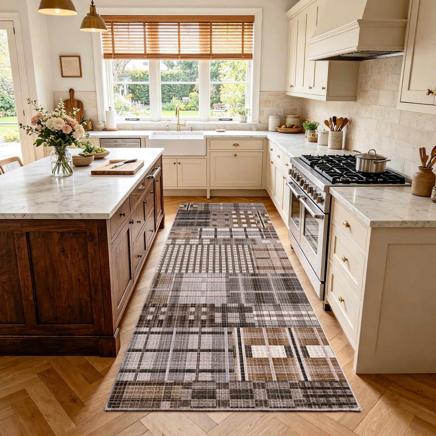 Rezutan Washable 2x6 Runner Rug, Hallway Modern Plaid Non Slip Soft Rugs Caramel Brown Grey Chocolate Geometric Checkered Kitchen Low Pile Non-Shedding Foldable Runners for Entryway Laundry Bedside