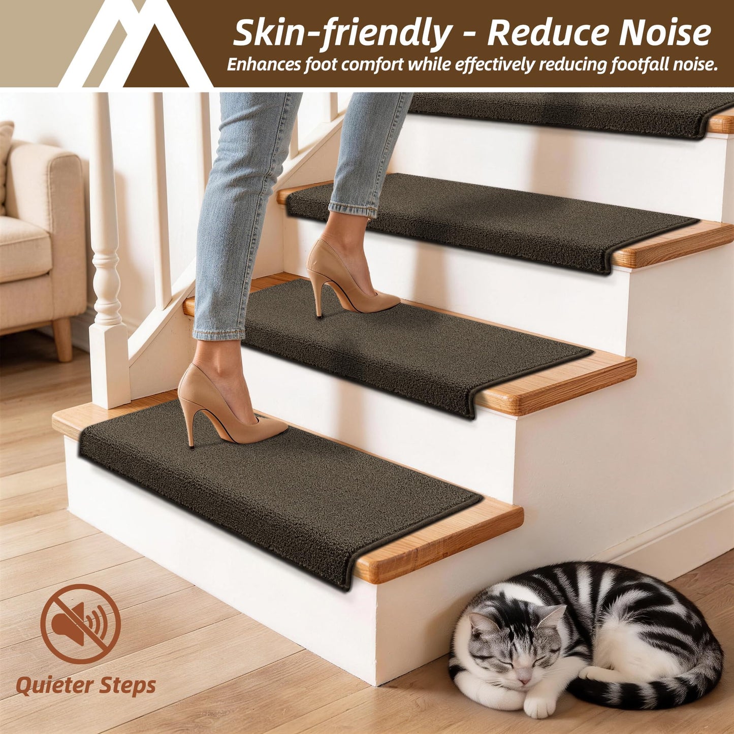 COSY HOMEER Bullnose Carpet Stair Treads, Peel and Stick Non-Slip Stair Treads for Wooden Steps, 11" x 30" Indoor Stair-Runner Rugs (4Pc, Gray)