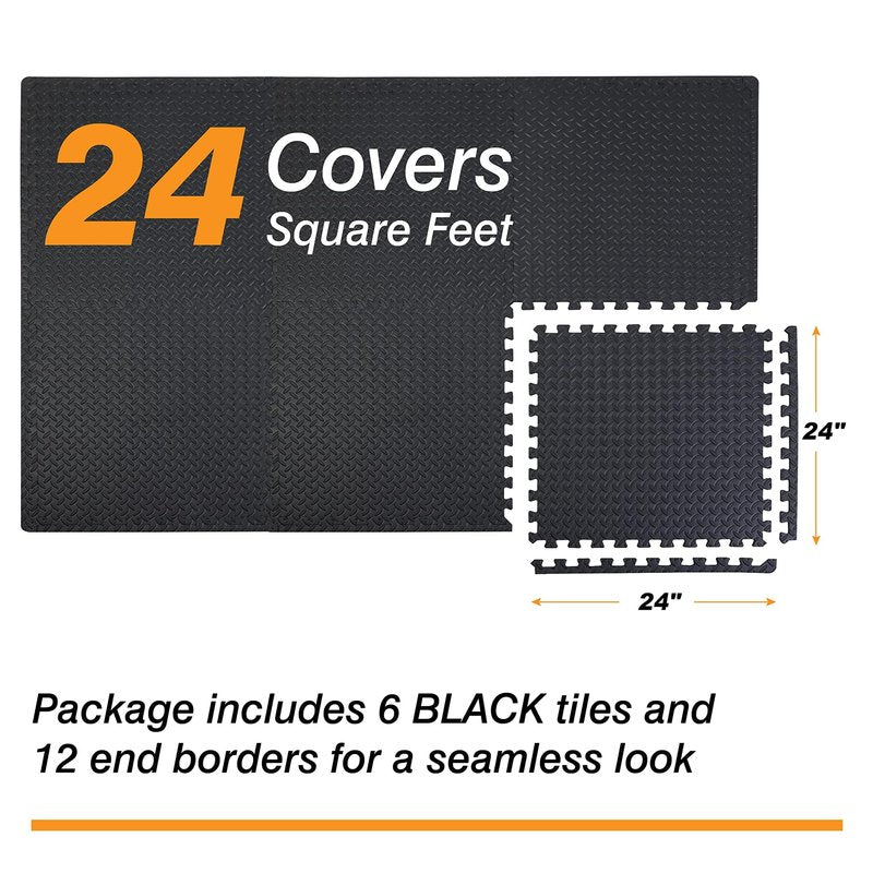 Mat Block Interlocking Foam Tiles Puzzle Mats for Floor 24 SQ FT, 1/2 inch, 6 Tiles, EVA Gym Mat Flooring Exercise Equipment Mat for Home Gym Equipment, Black, 6pcs