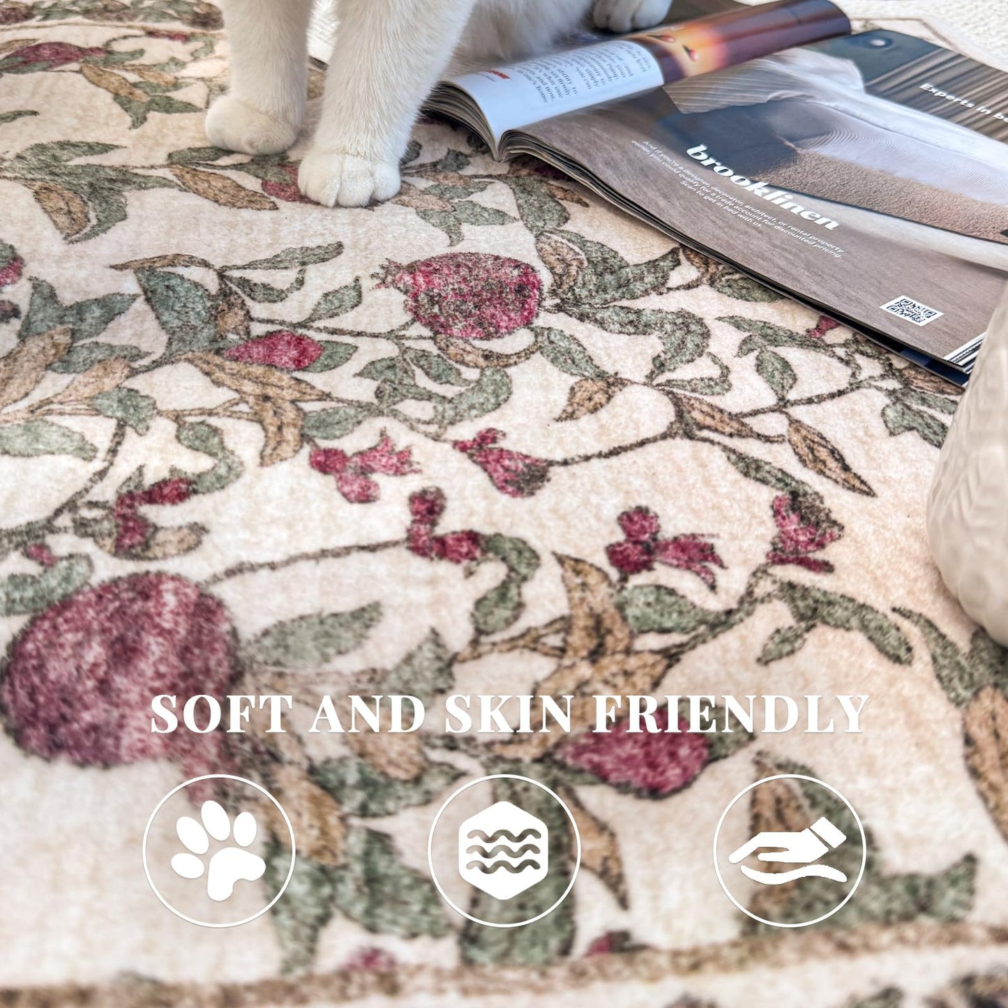 jinchan Eden Floral Area Rug 5x7 Washable Vintage Soft Non-Slip Distressed Red Green Carpet Low Pile Accent Rug for Living Room Kitchen Bedroom Dining Room Nursery