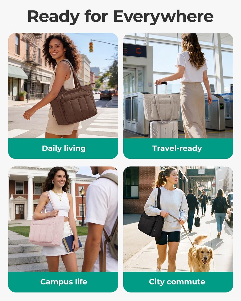 BAGSMART Tote Bag for Women, 2 Set Puffer Tote Bag with Zipper, Quilted Nurse Handbags for Work Travel College, Chocolate