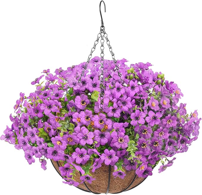 Artificial Hanging Faux Flowers Basket, Fake Silk Daisy Eucalyptus Plants Arrangement,for Spring Summer Outdoor Decoration,UV Resistant, Coconut Planter,Look Real for Home Garden Decor (Purple)