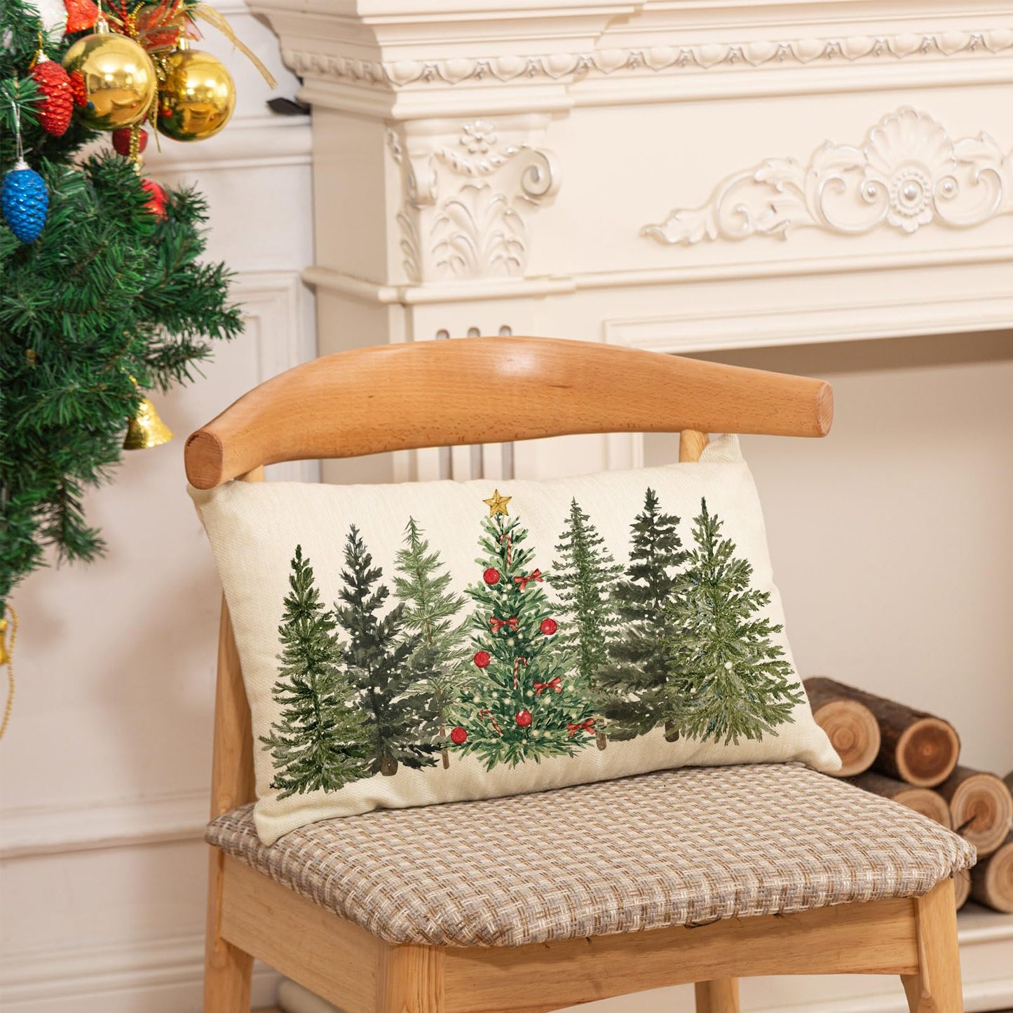 Christmas Rectangle Pillow Cover Watercolor Xmas Pine Tree Throw Pillow Case 12 x 20 Inch Cushion Cover for Winter Party Home Farmhouse Couch Sofa Car