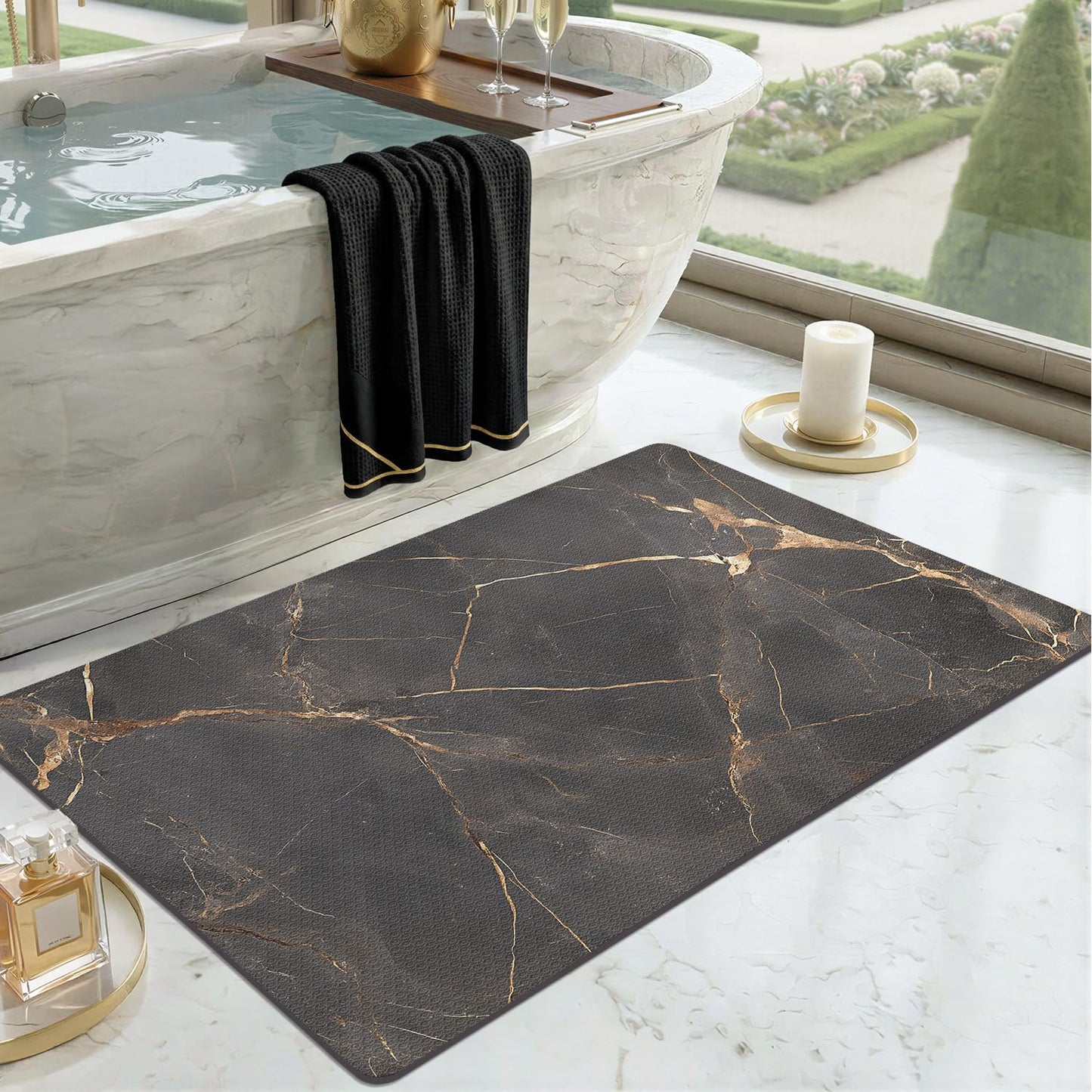 Color&Geometry Ultra Thin Bathroom Rugs Non Slip,Absorbent Quick Dry Bath Mats for Bathroom,Thin Bath Rugs Washable with Rubber Backing Fit Under Door Outside Shower,Gold-Veined Marble,24"x36"