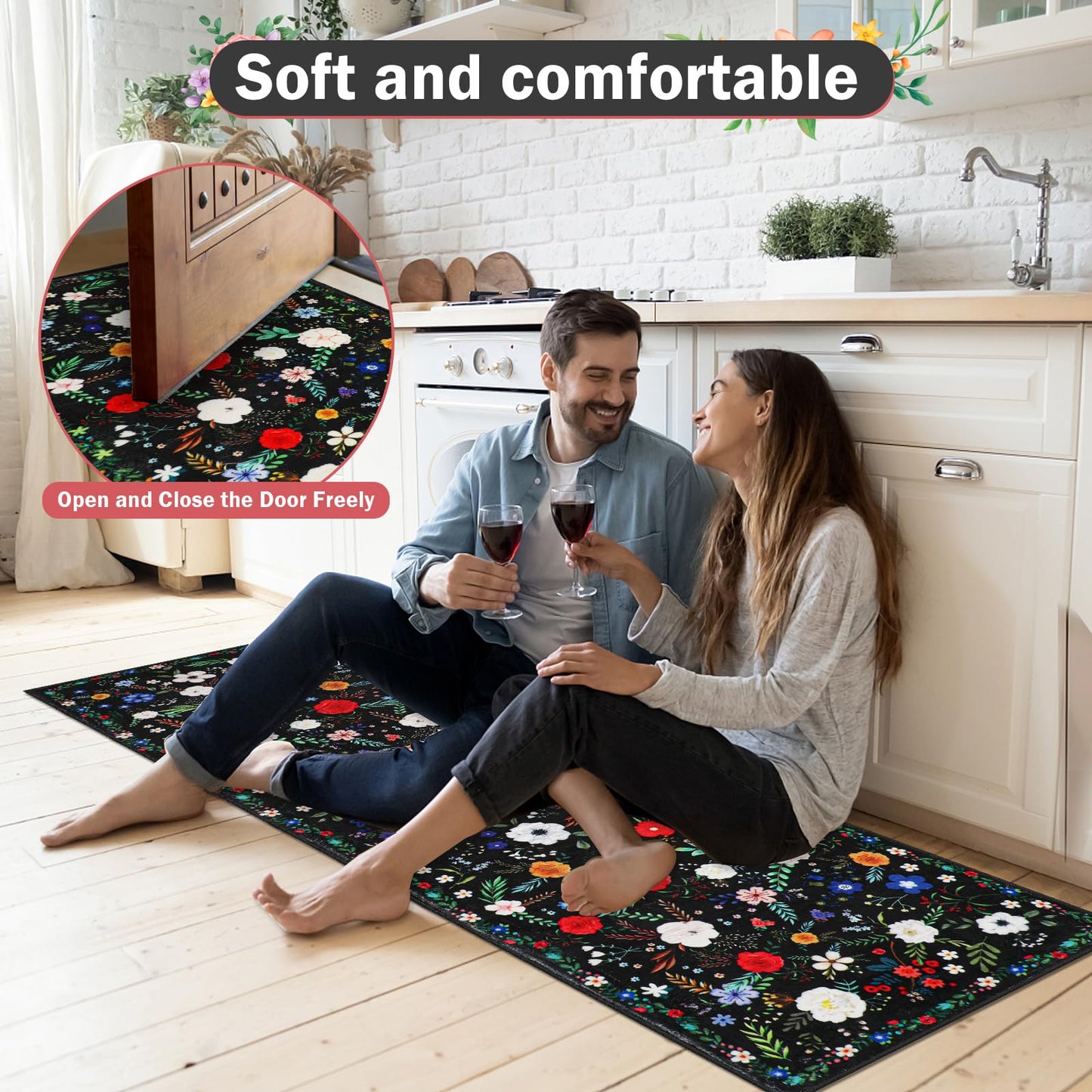 PCSWEET HOME Floral Kitchen Rug Sets 3 Piece, Washable Kitchen Mats for Floor Non Slip Soft Thick Kitchen Floor Mat Carpet Runner Rugs for Hallway Laundry Room, Black