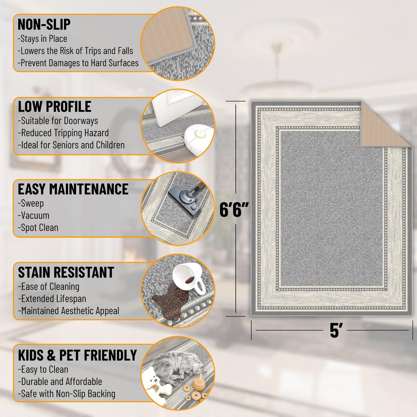 Ottomanson Area Rug 5' x 6'6" – Non Slip Rubber Backed Indoor Rug for Living Room, Bedroom, Dining Room, Low Pile Floor Carpet, Durable Accent Area Rug, Border Light Gray