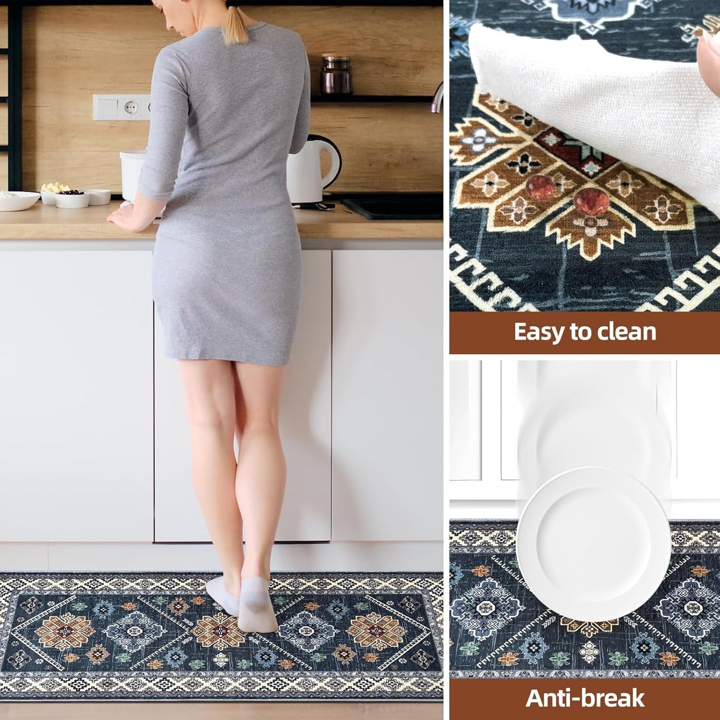Mordem Blue Runner Rug 2x8, Non Slip Low Pile Stain Resistant Boho Washable Hallway Runner Rugs for Kitchen Bedroom Beside Laundry Room Bathroom Rug, Pet & Kids Friendly
