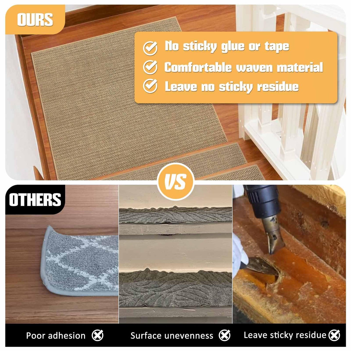 Seloom Linen Non Slip Stair Treads Carpet Landing Mat for Wooden Steps Indoor, Peel and Stick Carpet for Wood Stairs, Machine Washable Stair Runners for Pets, 1Pack, Beige (36" x36")