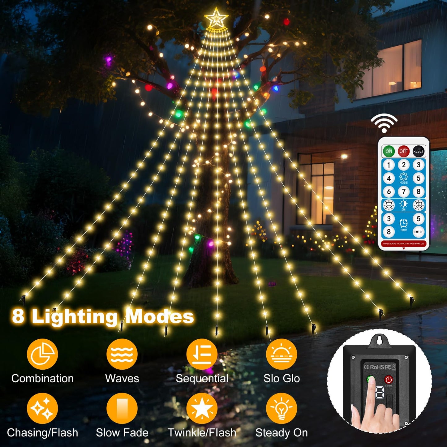 Solar Christmas Decorations Tree Lights Outdoor, 18.37ft 532LED Waterfall String Lights with 8 Modes Timer Remote Xmas Lights USB Powered for Garden Yard Patio Home Holiday Party Decor, Warm White