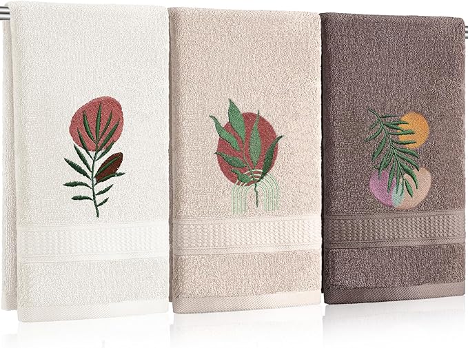 3 Pack Boho Leaves Hand Towels for Bathroom 100% Cotton Embroidered Bathroom