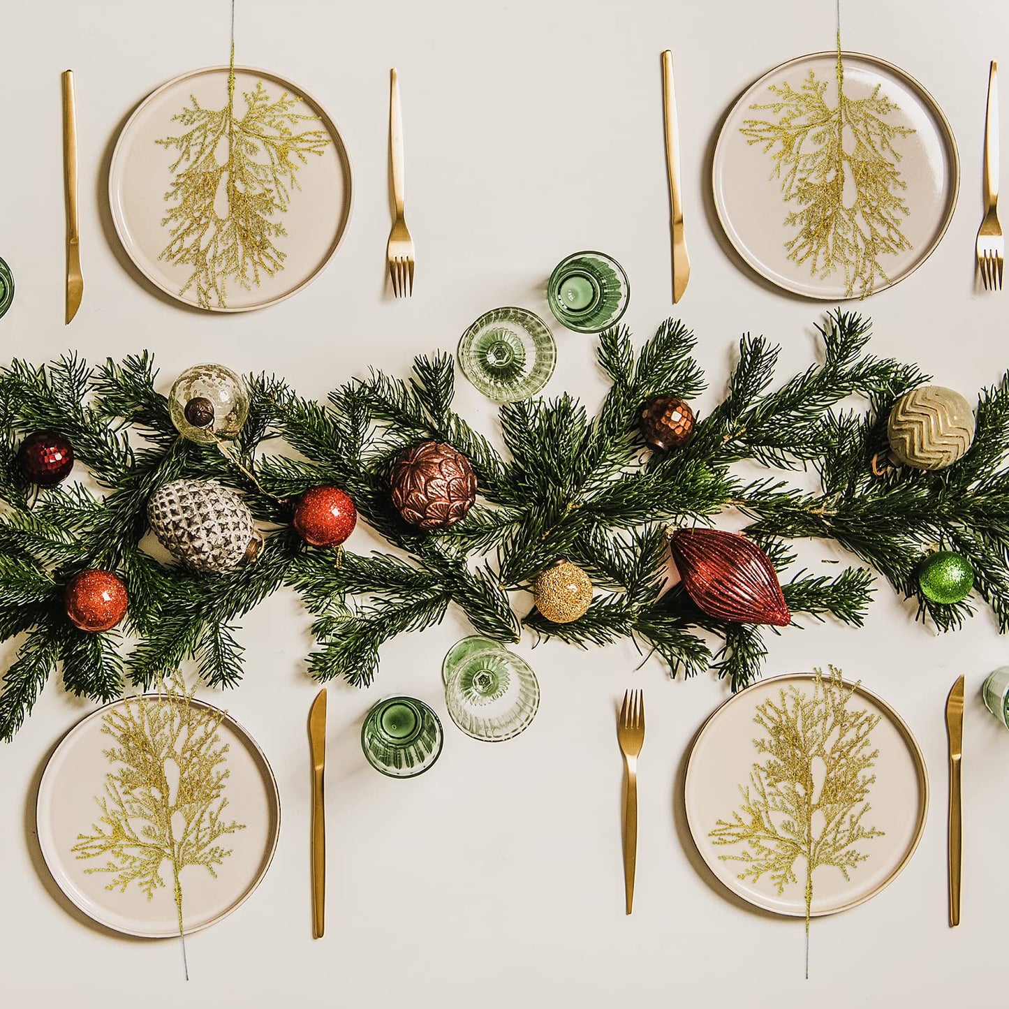15 Pcs Gold Glitter Artificial Cedar Sprigs Picks Faux Cedar Branches Stems Christmas Tree Picks Sprays 15.4" H for Gold Christmas Tree Wreath Wedding Bouquet Winter Seasonal Holiday Decoration