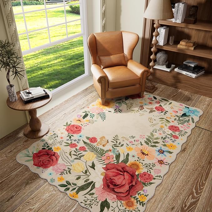 Washable Entryway Small Area Rugs: Door Mat Indoor Entrance 4x6 Floral Rug Ultra Thin Stain Resistant Non Slip Low Pile Lightweight Carpet for Bedroom, Kids Room, Farmhouse Decor (Beige)