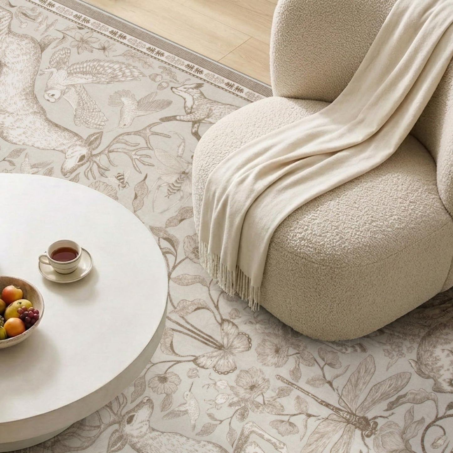 Lahome 5x7 Washable Area Rugs, Dorval Boho Deer Rugs for Living Room, Neutral Botanical Non Slip Low Pile Soft Carpet for Bedroom Dining Room Nursery Office Home Decor Beige