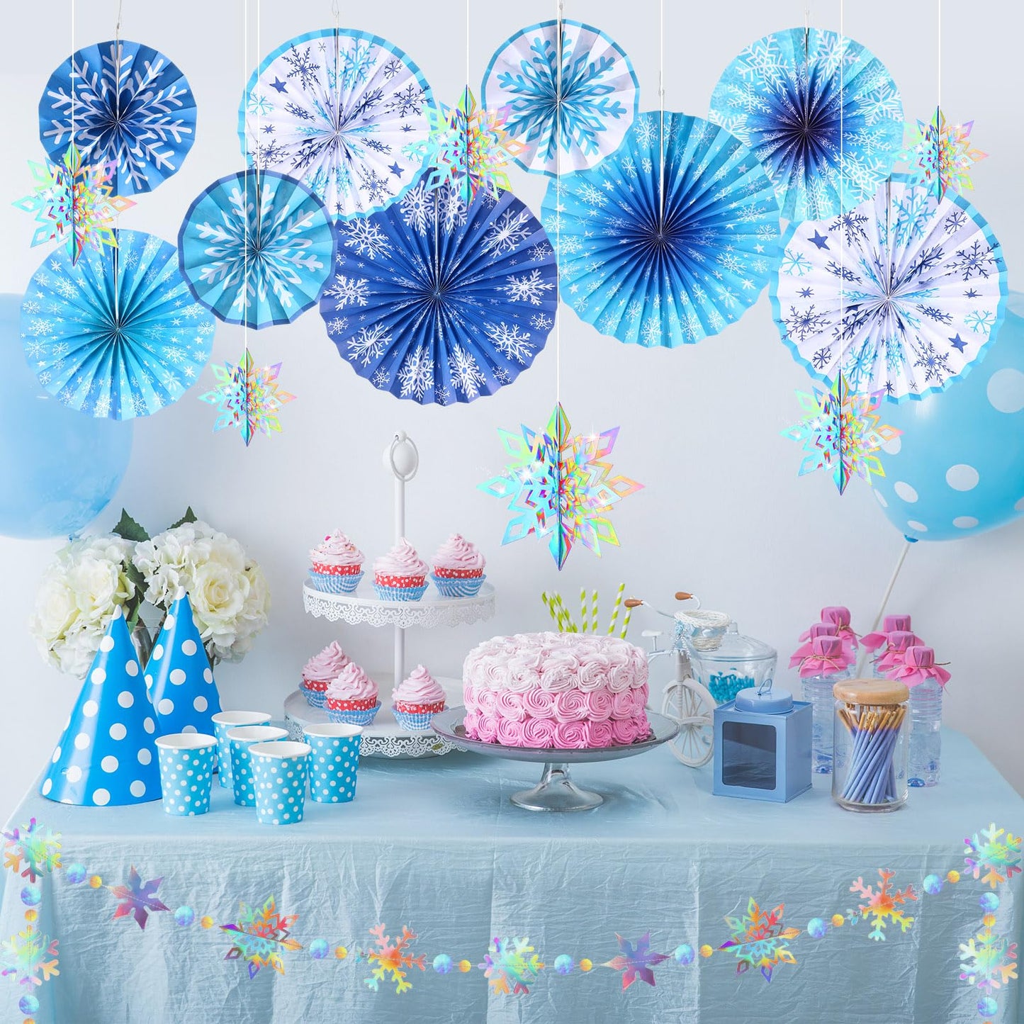 Outus 16 Pcs Snowflake Hanging Decorations Winter Paper Fans Blue Winter Paper Garland 3D Holographic Snowflakes for Xmas Wonderland Birthday Party Ceiling Wall Supplies Decoration