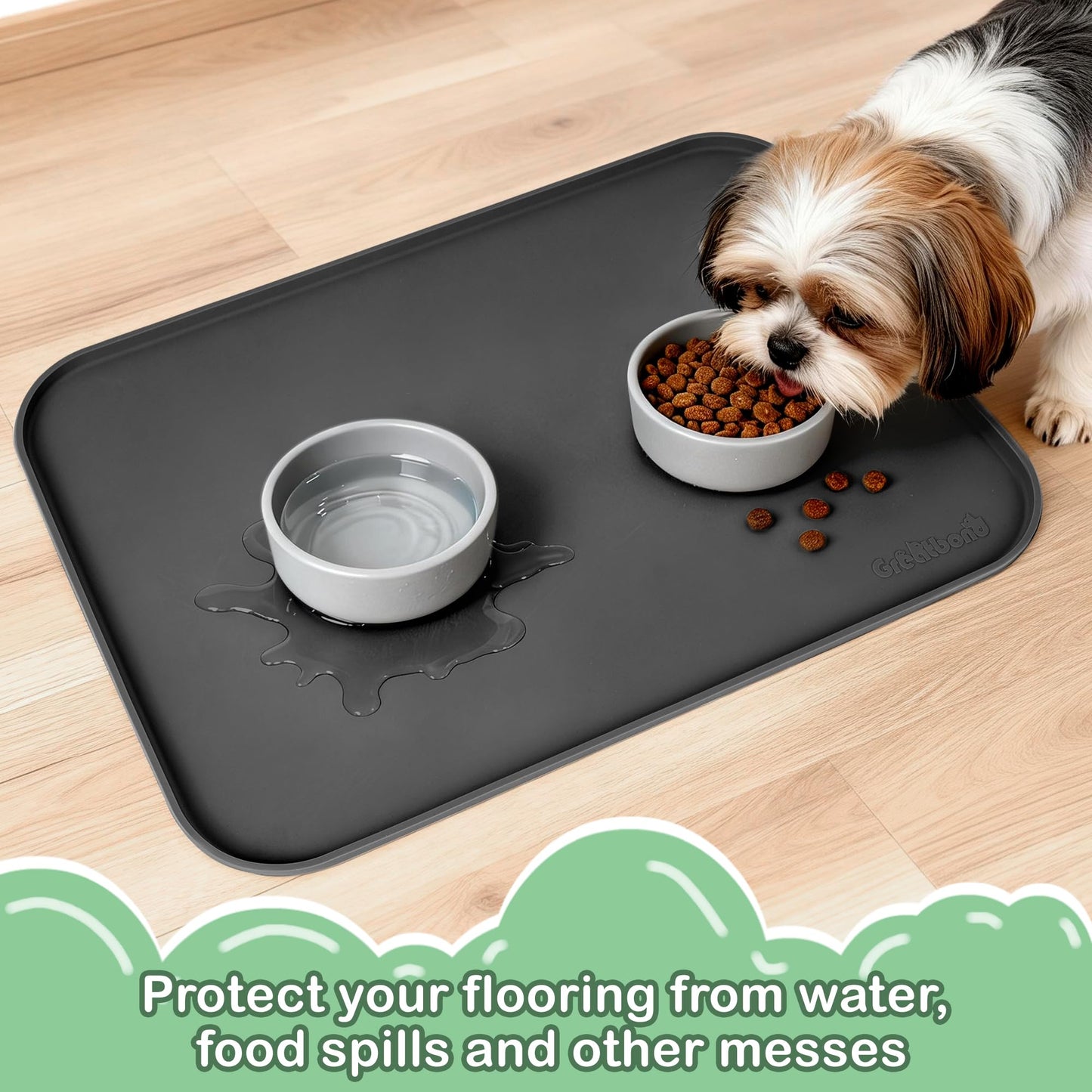 Greatbond 100% Waterproof Silicone Pet Feeding Mat,Warped Resistant Raised Edge BPA-Free Dog Cat Food Mats, Non-Slip Pet Placemat with High Lip to Prevent Spills, Dishwasher Safe, 21.5"x14" Black