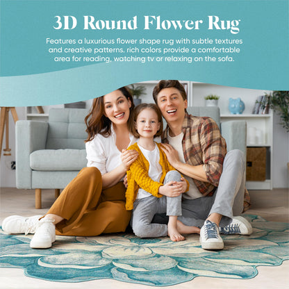 Flower Rug 2ft Round Area Rugs Cute Plush Flower Shaped Rug Circle Girly for Bedroom Floor Living Room Carpet 301 Blue