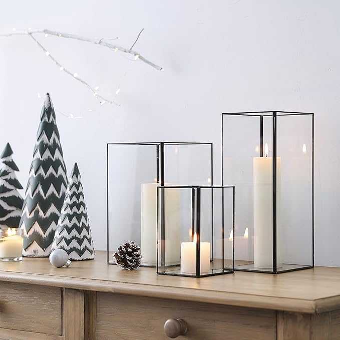 Set of 3 Square Glass Hurricane Candle Holders, Clear Glass Framed in Black-Finish Brass, Great for Home Decor and Wedding,Holiday Decor.