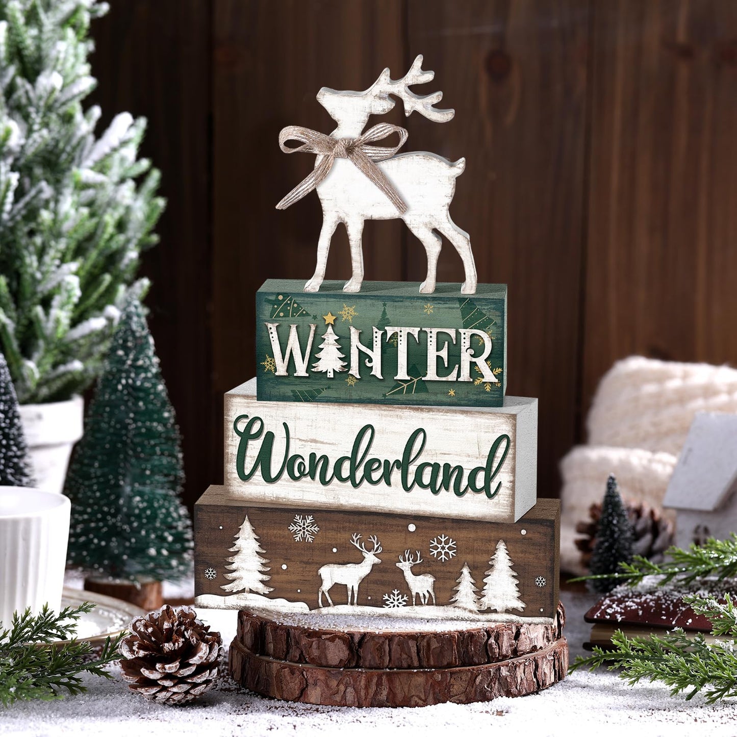 Yousoontic 4 Pcs Winter Decor Woodland Christmas Wooden Sign Blocks Table Centerpiece with Reindeer Snowflakes Trees Rustic Holiday Decorations for Farmhouse Winter Home Indoor
