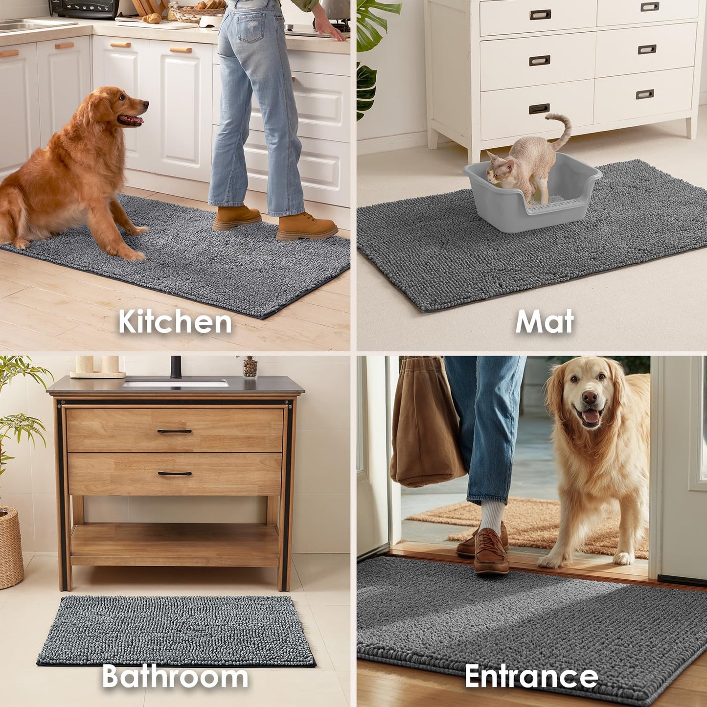 EHEYCIGA Super Absorbent Dog Door Mat for Muddy Paws 30x20 Inch Indoor, Front Doormat Outside Entrance, Quick Dry Chenille Washable Dog Crate Bed, Non-Slip Pet Rug Mud Mat Outdoor Entryway, Grey