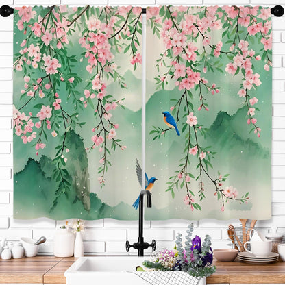 Opeoddie Green Mountain Pink Cherry Blossom Kitchen Curtains 36 Inch 2 Panels Flower Birds Chinese Asian Print Floral Bathroom Window Curtain Cafe Small Short Drapes Window Treatments Tiers