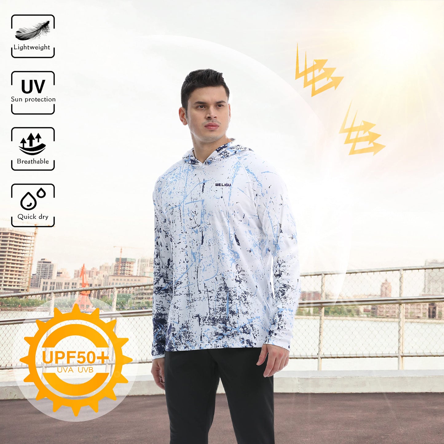 Men's UPF 50+ Sun Protection Hoodie Shirt Long Sleeve SPF Fishing Outdoor UV Hiking Shirts Lightweight White Large