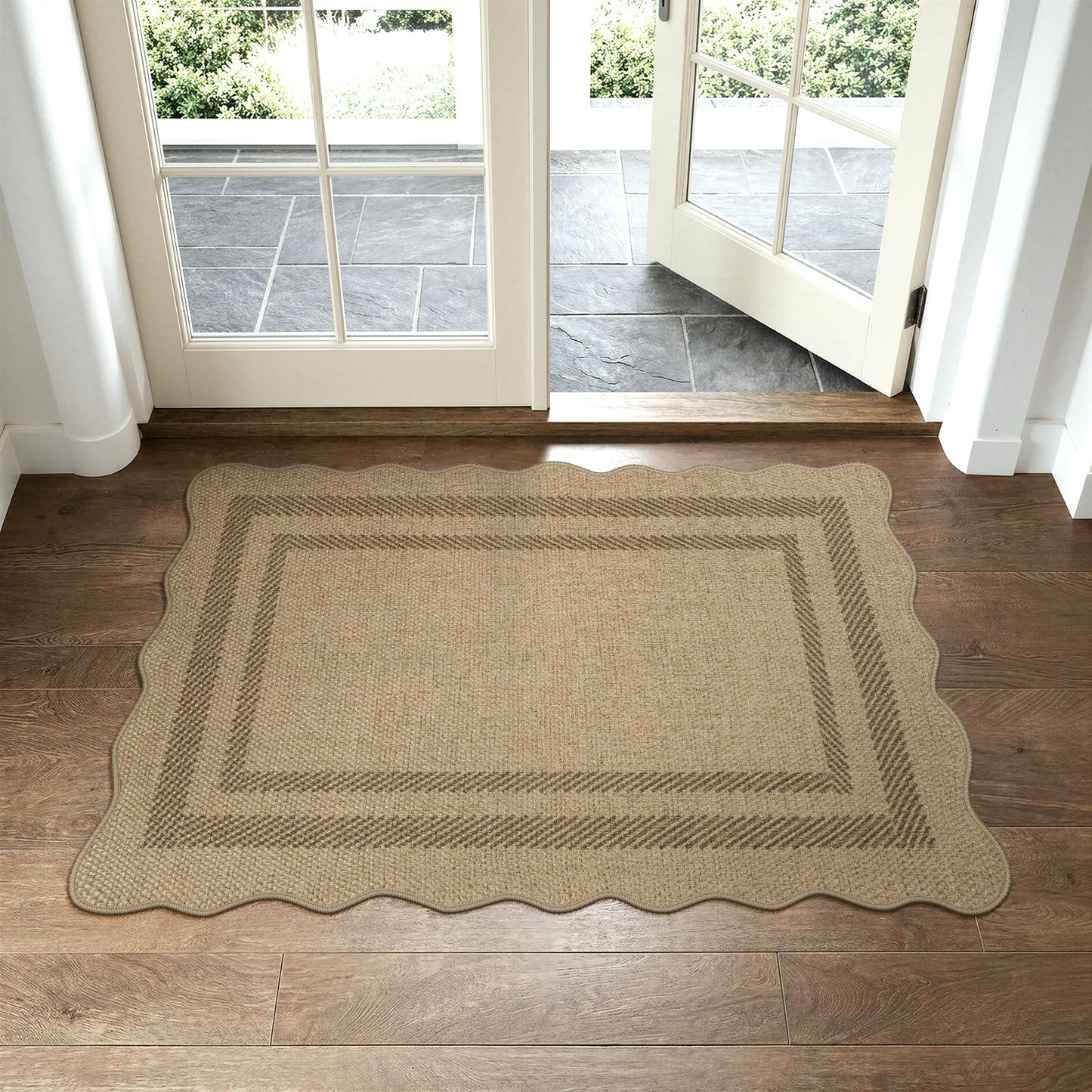LIVEBOX Scalloped Easy Jute Kitchen Rug, 2x3 Front Door Mat Indoor Outdoor Small Entryway Rug, Washable Non Slip Farmhouse Area Rug, Tan Neutral Modern Carpet Outdoor Doormat for Porch Doorway Foyer