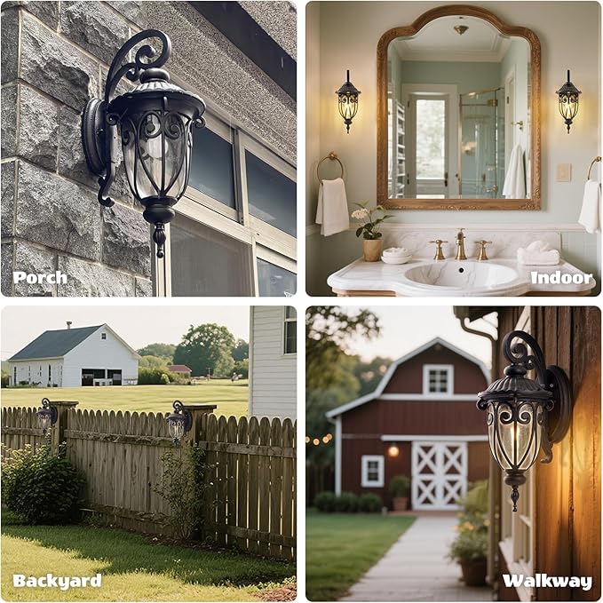 23 Inch Large Dusk to Dawn Outdoor Porch Lights for Garage, 2 Pack Bronze Wall Lantern with Photocell Sensor, Exterior Wall Light Fixture with Seeded Glass for House, Aluminium