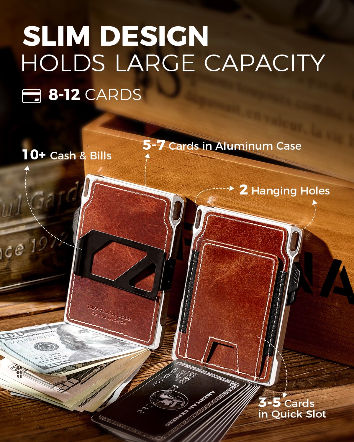 LORZOR Slim Tactical Wallet for Men- Minimalist Full Grain Leather Wallet for 10 Cards, RFID Blocking Aluminum Cardholder, Smart Pop Up Card Case, Front Pocket, Money Clip, Gift for Women Men
