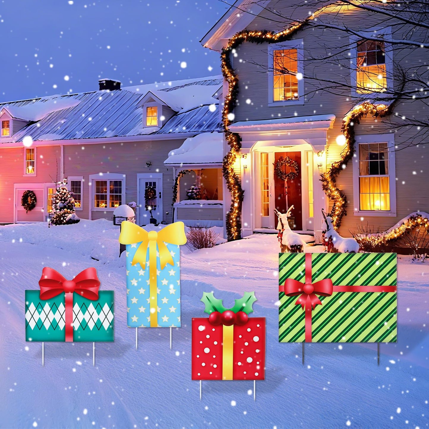 Christmas Yard Sign Decorations Outdoor Christmas Four Gift Boxes Yard Signs with Metal Stakes for Xmas Holiday Party Lawn Sign Garden Decor Outdoor Yard Signs