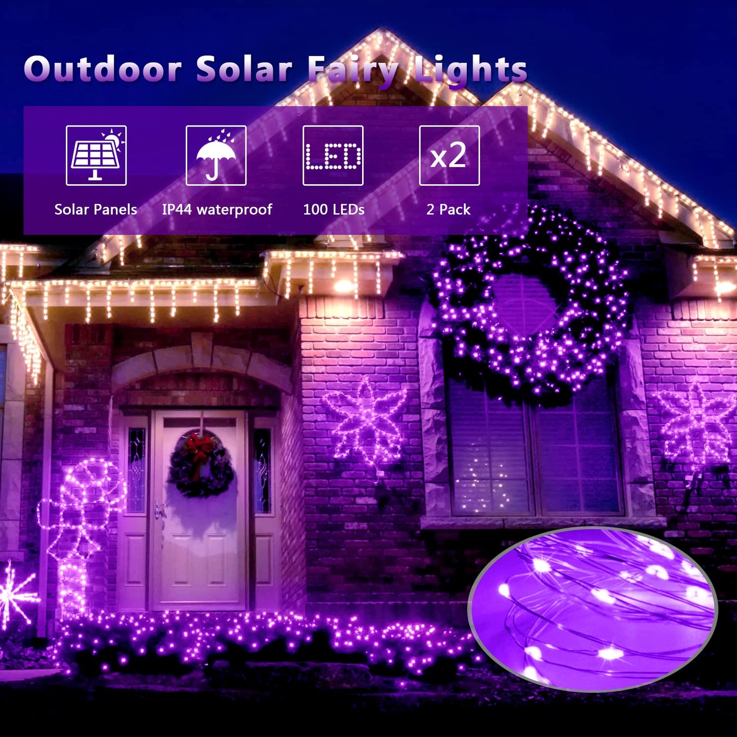 JMEXSUSS 4 Pack Purple Solar String Lights Outdoor Waterproof, 100 LED 33ft Purple Solar Fairy Lights, 8 Modes Copper Wire Christmas Light for Halloween Christmas Garden Yard Tree Decor