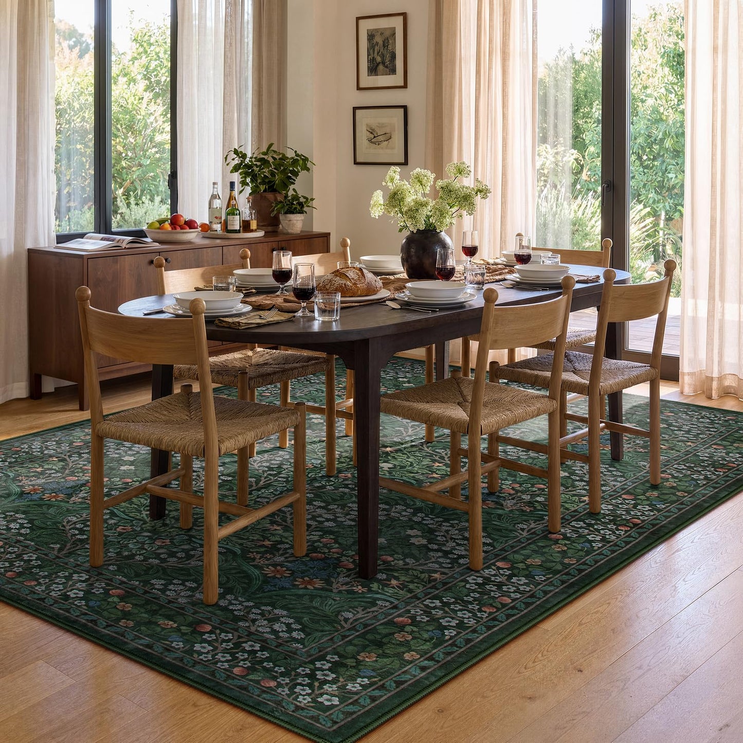 Lahome Dark Green Area Rugs 8x10, Soft 8x10 Washable Rugs for Living Room Dining Room, Boho Floral Non-Slip Forest Large Throw Carpet for Farmhouse Bedroom Office, Dark Green