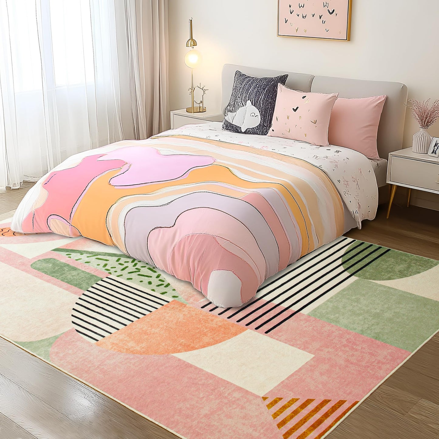 Tepook Pink Area Rug for Living Room, 5x7 Indoor Carpet for Bedroom Washable, Non-Slip Abstract Print Kids Rug for Nursery Playroom Classroom Dorm Office Dining Room