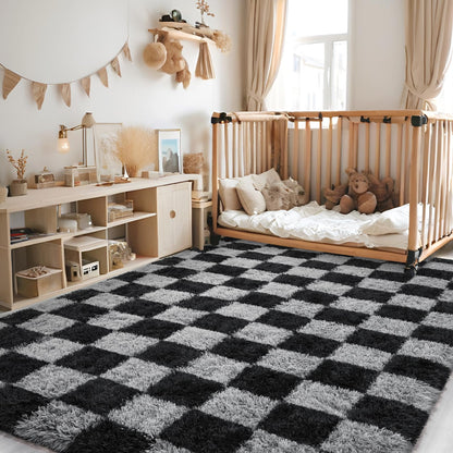 FALARK Rugs for Living Room Bedroom, 6x9 ft Black and Grey Checkered Area Rug, Fluffy Soft Washable Carpet, Modern Non-Slip Shag Carpets for Dorm Home Decor Aesthetic, Nursery, Playroom